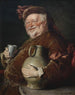 Falstaff a la mesa con una jarra de vino y una taza de estaño - Eduard von Grützner — vista de la obra