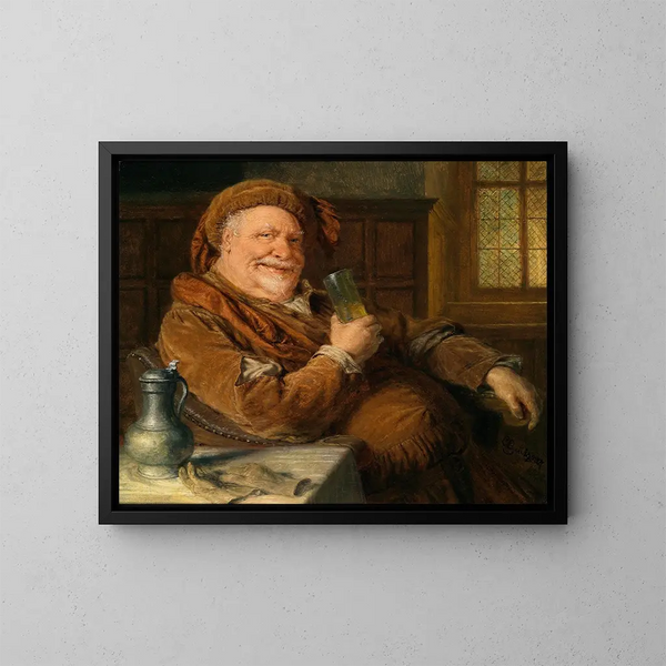 Falstaff with a pewter jug and a glass of wine - Eduard von Grützner — framed artwork on a wall