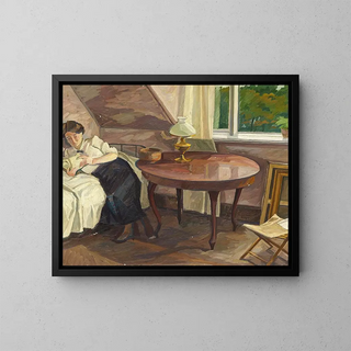 interior con mujer leyendo - Edvard Weie — cuadro enmarcado en la pared