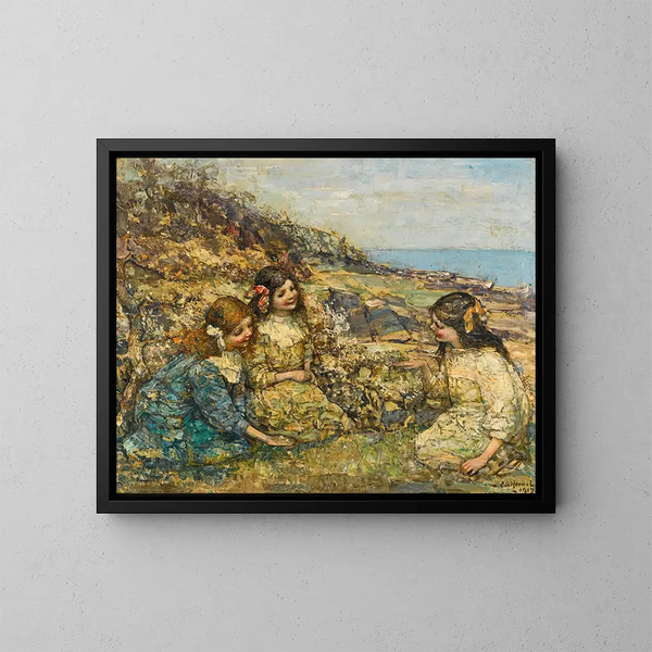 Soplar la diente de león - Edward Atkinson Hornel — cuadro enmarcado en la pared