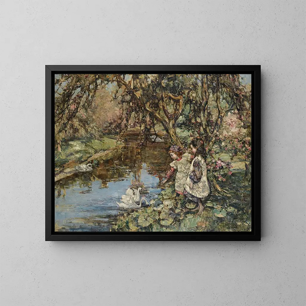 Alimentar a los cisnes - Edward Atkinson Hornel — cuadro enmarcado en la pared