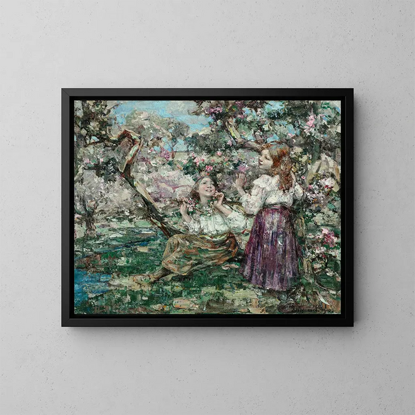 Niñas entre las flores - Edward Atkinson Hornel — cuadro enmarcado en la pared