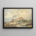Children playing on the beach with a smoking house in the distance - Edward Duncan — framed artwork on a wall