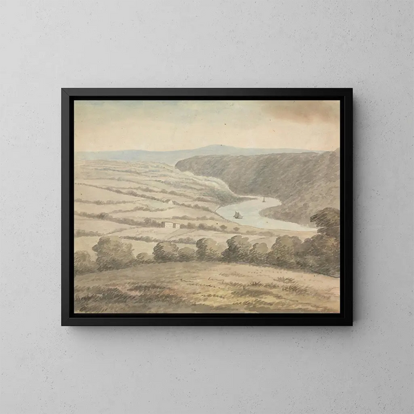 River landscape with boats - Edward Francis Burney — framed artwork on a wall