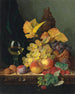 a painting, a wine glass, grapes, peaches, plums, raspberries, and nuts on a wooden ledge - Edward Ladell — artwork view