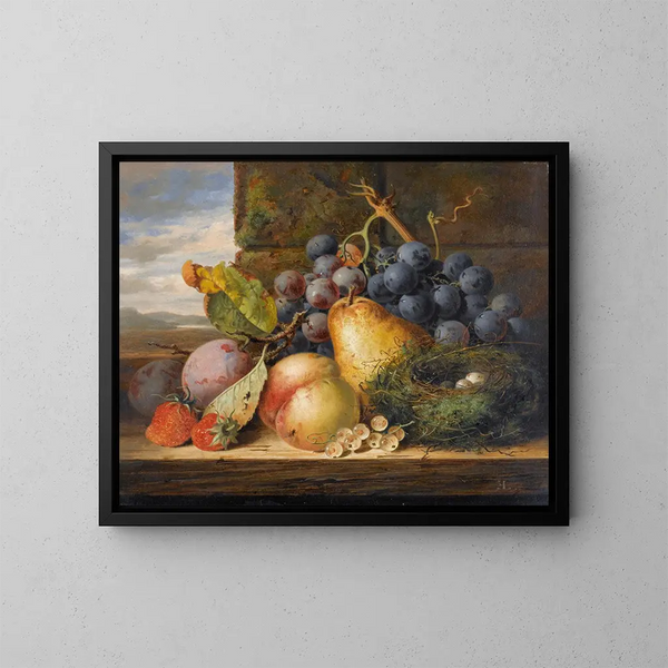 naturaleza muerta con un nido de pájaro, una pera, un durazno, uvas, fresas y ciruelas - Edward Ladell — cuadro enmarcado en la pared
