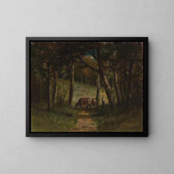 Vacas sin título en un camino en el bosque - Edward Mitchell Bannister — cuadro enmarcado en la pared