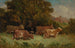 Untitled painting of five cows in a pasture with a roof in the background - Edward Mitchell Bannister — artwork view