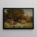 Untitled painting of five cows in a pasture with a roof in the background - Edward Mitchell Bannister — framed artwork on a wall