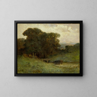 Forest scene painting without title featuring a bridge and cows in the stream in the foreground - Edward Mitchell Bannister — framed artwork on a wall