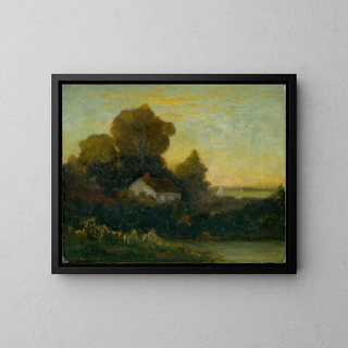 Casa sin título en el bosque cerca del lago - Edward Mitchell Bannister — cuadro enmarcado en la pared