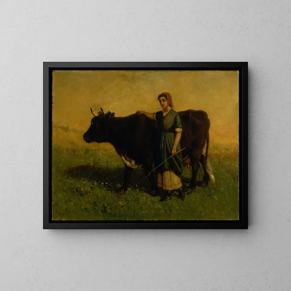 Woman without title walking with a cow - Edward Mitchell Bannister — framed artwork on a wall