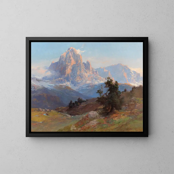 Una vista del monte Sassolungo - Edward Theodore Compton — cuadro enmarcado en la pared