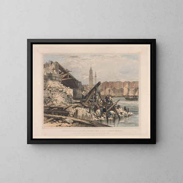 la demolición del gran pilar o de la capilla del antiguo puente de Londres - Edward William Cooke — cuadro enmarcado en la pared