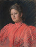 Portrait of Mrs. Abbey in a pink dress up to the waist - Edwin Austin Abbey — artwork view