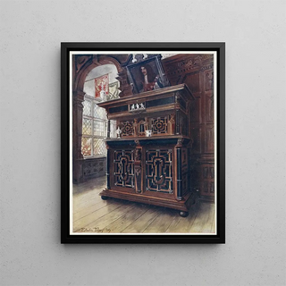 Edwin Foley - A cabinet of oak and walnut with ebony panels and columns inlaid with rosewood and ivory engraved.webp