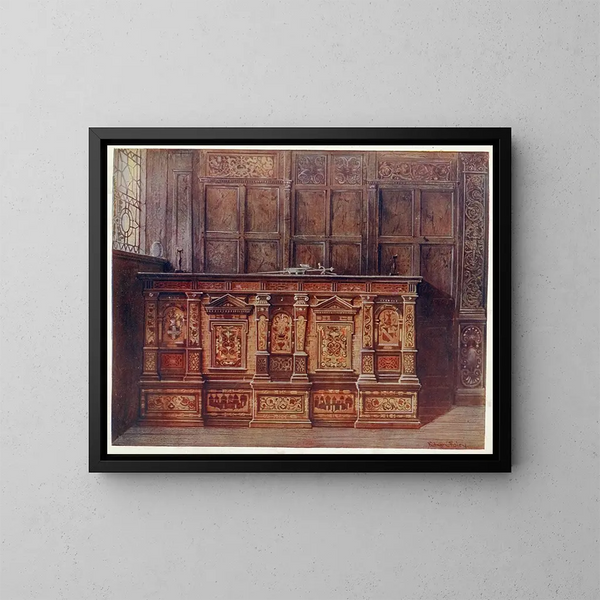 de caja de municiones incrustada ofrecida por Sir Hugh Offley cuando era alcalde de Londres en 1556 en la iglesia de Saint-Marie-Overie, ahora catedral de Saint-Sauveur de Southwark - Edwin Foley — cuadro enmarcado en la pared