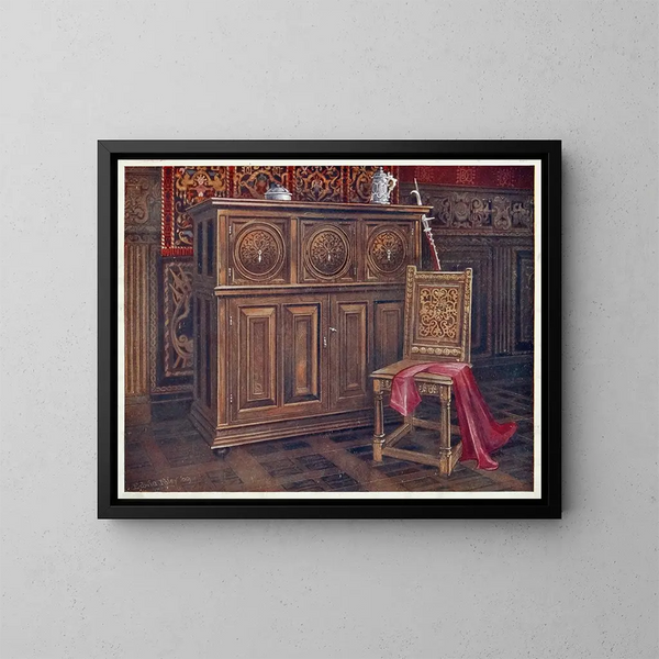 gabinete de roble con paneles convexos circulares, silla de nogal sin brazos con adorno floral entrelazado en la espalda - Edwin Foley — cuadro enmarcado en la pared