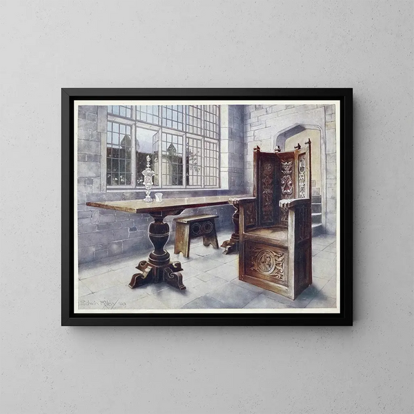 Mesa de caballete de roble y silla de anfitrión - Edwin Foley — cuadro enmarcado en la pared