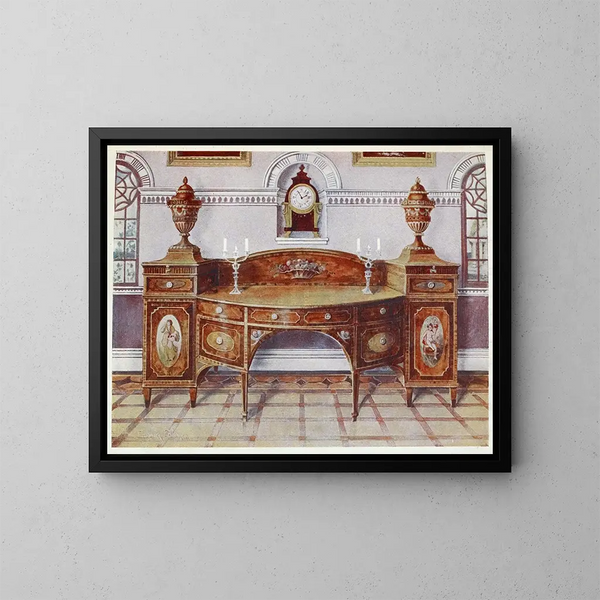 Buffet en satiné de madera pintada e incrustada, reloj de consola en caoba - Edwin Foley — cuadro enmarcado en la pared