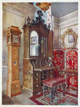 Edwin Foley - Walnut cabinettop scrutoire Inlaid sycamore yellow clock Carved tabouret.webp