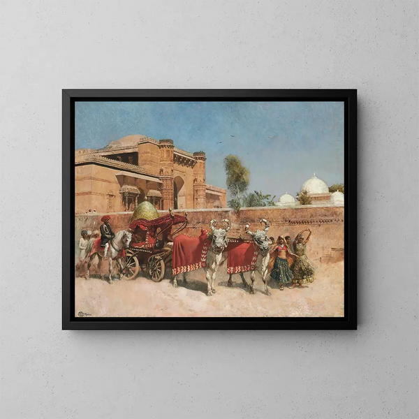 Una procesión nupcial frente a un palacio en Rajasthan - Edwin Lord Weeks — cuadro enmarcado en la pared