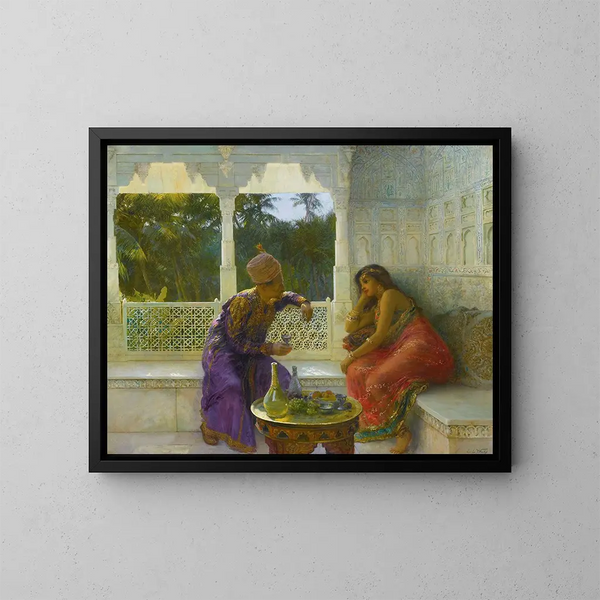 Figuras en un interior con jardín de palmeras al fondo - Edwin Lord Weeks — cuadro enmarcado en la pared