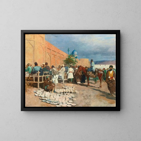 Café persa, el vendedor de cerámicas - Edwin Lord Weeks — cuadro enmarcado en la pared