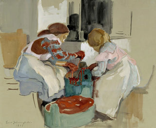 Dos niñas tiñendo tela - Eero Järnefelt — vista de la obra