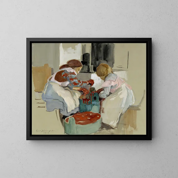 Dos niñas tiñendo tela - Eero Järnefelt — cuadro enmarcado en la pared