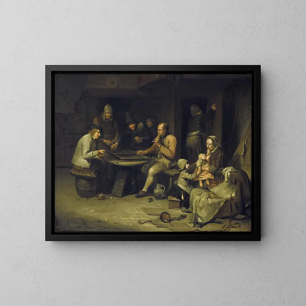 a tavern with backgammon players - Egbert van Heemskerck — framed artwork on a wall