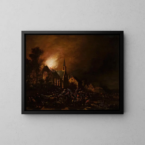 Iglesia en llamas - Egbert van der Poel — cuadro enmarcado en la pared