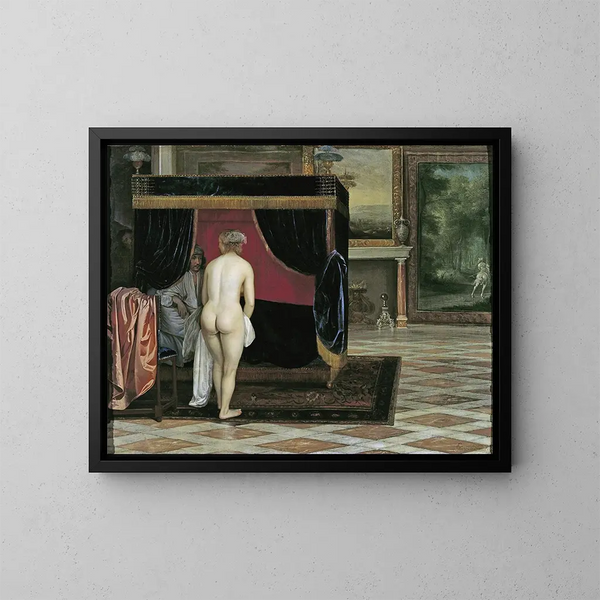 La femme de Kandaules découvrant Gyges caché - Eglon van der Neer — framed artwork on a wall