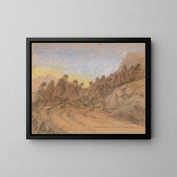 Campo de batalla en Hartkara - Elemér Halász-Hradil — cuadro enmarcado en la pared