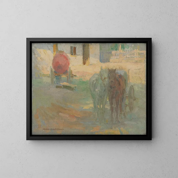 de granja con caballos de tiro - Elemér Halász-Hradil — cuadro enmarcado en la pared