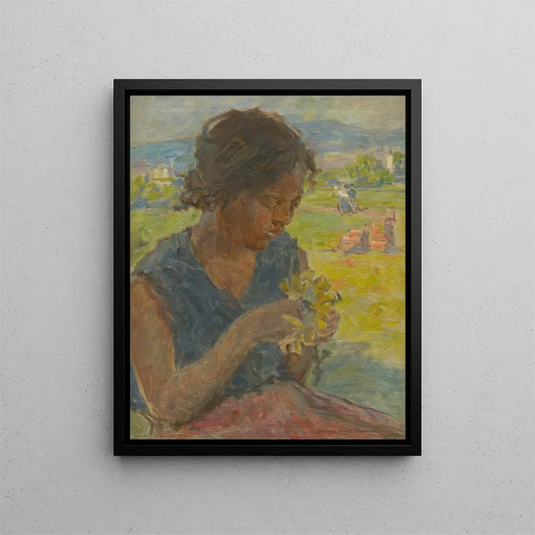 Niña con un girasol - Elemér Halász-Hradil — cuadro enmarcado en la pared