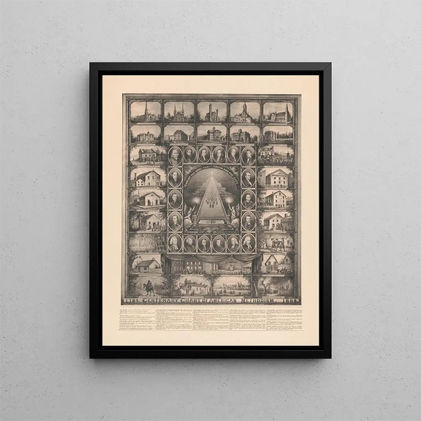 Mapa del centenario del metodismo estadounidense - Emery A. Philleo — cuadro enmarcado en la pared