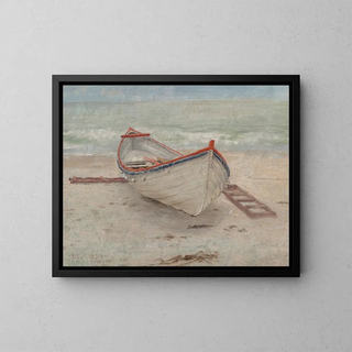 Fishing boat on the beach - Emil Carlsen — framed artwork on a wall