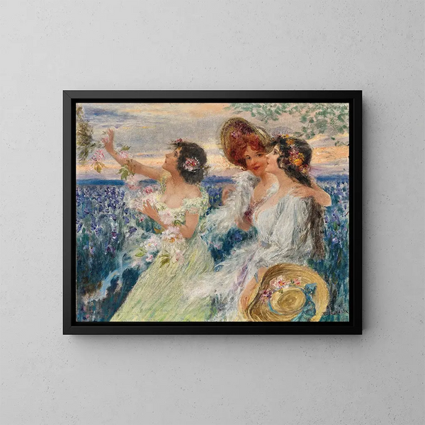 Primavera, tres damas frente a un campo de lirios - Emil Czech — cuadro enmarcado en la pared
