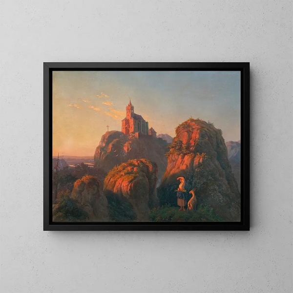 Paisaje con iglesia al atardecer - Emil Ludwig Lühr — cuadro enmarcado en la pared