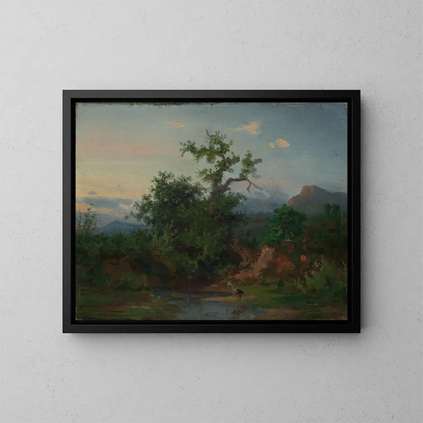 Mountain Lake with Stork Painting - Emil Lugo — framed artwork on a wall