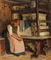 Junto a la estufa en la sala – Emil Strecker — escena interior junto a la estufa
