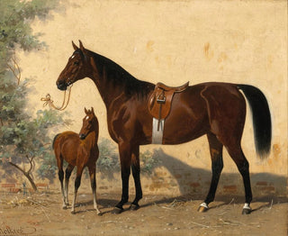 Un caballo castaño con un potrillo - Emil Volkers — vista de la obra