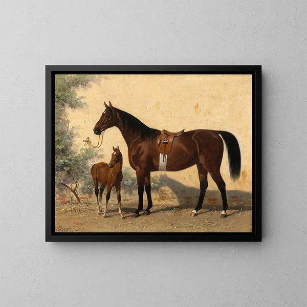 Un caballo castaño con un potrillo - Emil Volkers — cuadro enmarcado en la pared