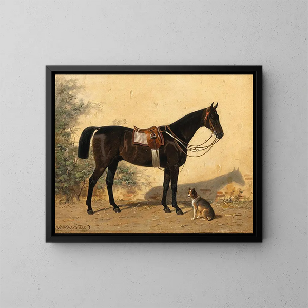 Un caballo negro con un perro - Emil Volkers — cuadro enmarcado en la pared