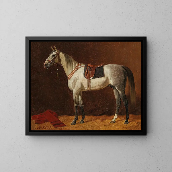 Un caballo blanco con silla en un establo - Emil Volkers — cuadro enmarcado en la pared