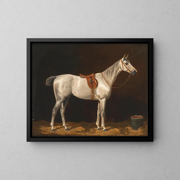 Un caballo blanco en un establo - Emil Volkers — cuadro enmarcado en la pared