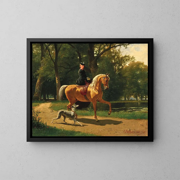 Una joven mujer a caballo - Emil Volkers — cuadro enmarcado en la pared