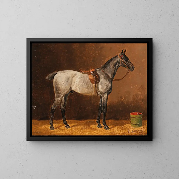 Un caballo con silla en un establo - Emil Volkers — cuadro enmarcado en la pared