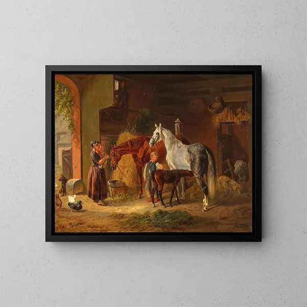 Visita al potrillo en el establo - Emil Volkers — cuadro enmarcado en la pared